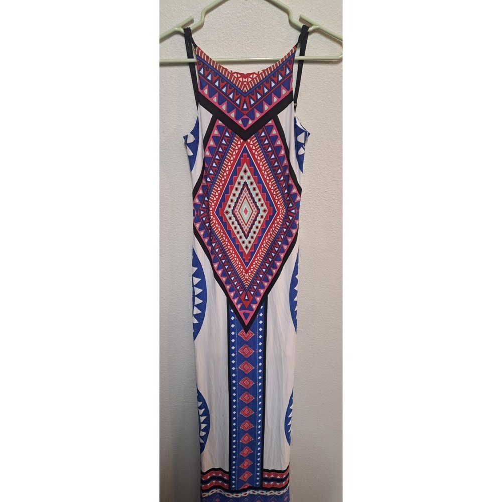 Fashion Nova Maxi Dress Women's Small Boho Geometric Print Strappy Open Back